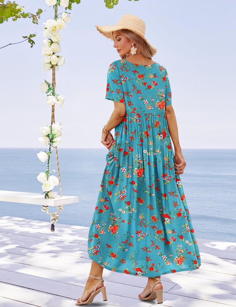 YESNO Women Casual Loose Bohemian Floral Dress with Pockets Short Sleeve Long Maxi Summer Beach Swing Dress (M EJF CR14) - Image 4